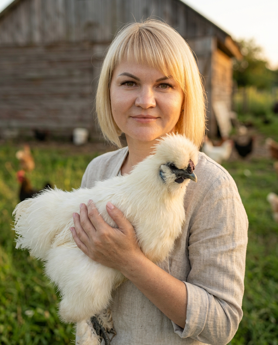 Елена Селантьева с цыплёнком на территории фермы